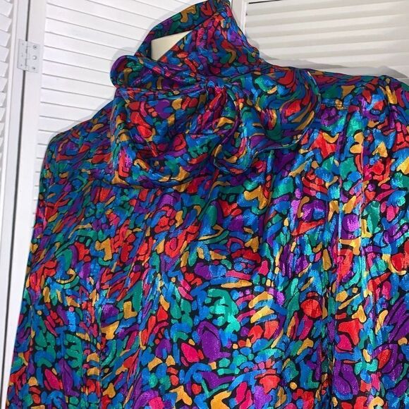 Vintage Colorful Abstract Satin Button Down Bow Tie Blouse Large - Picture 8 of 16